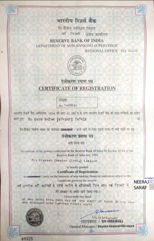RBI Certificate of Registration